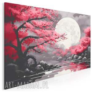 obraz do salonu - kwitnąca wiśnia sakura księżyc nad jeziorem 70x50 cm 106701