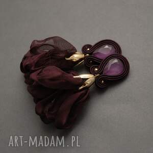 ciemnobordowe kolczyki sutasz z kwiatkami sznurek, eleganckie, wieczorowe