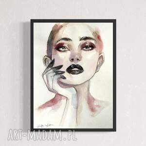 Black lips, akwarela na papierze, portret kobiety, obraz akwarelowy