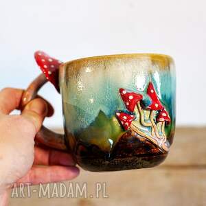 handmade duży kubek z muchomorkiem turkusowe poszycie ok 470ml iv