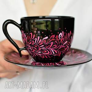 ręcznie robione ceramika filiżanka czarna różowe listeczki ceramiczna 220ml prezent