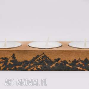 świecznik na trzy tealighty, górski motyw, pirografia, wypalane w drewnie