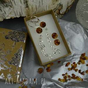 świąteczny zestaw srebrnych kolczyków z bursztynem, komplet biżuterii, kolczyki