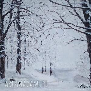 obraz ręcznie malowany akrylowy śnieżną ścieżką - 30x40cm śnieg w parku