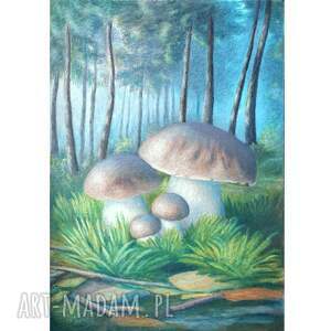 obraz ręcznie malowany rodzina borowików - format A3, prezent dla grzybiarza