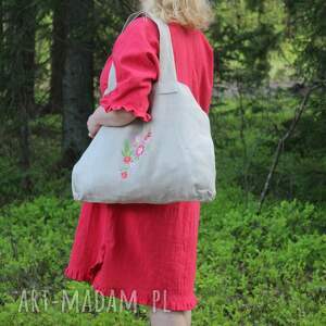 handmade na ramię torba lniana z haftem 100% naturalny len 58x42 cm kwiaty