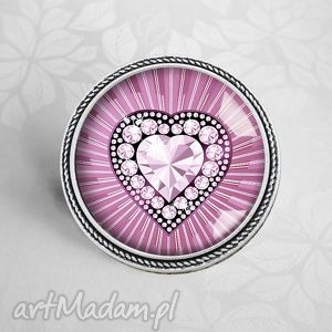 rose quartz - śliczna broszka z grafiką w szkle diamentowe serce róż