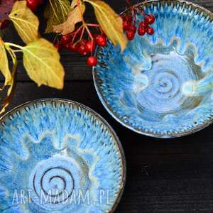 ręczne wykonanie ceramika para średnich miseczek w kolorze niebieskim z brązowymi
