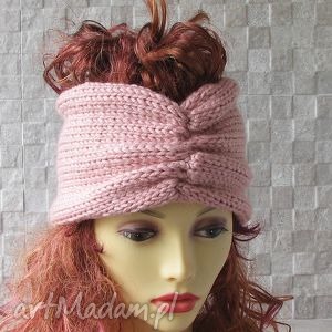 opaska szeroka turban róż pastelowy, czapka kobieta, gruba