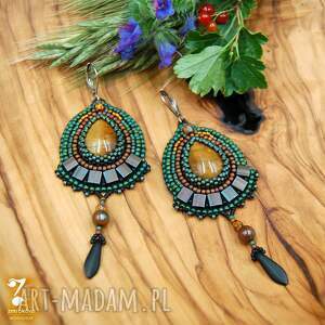 Kolczyki haftowane - tygrysie oko, długie