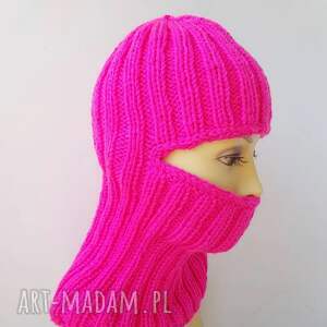 różowa kominiarka balaclawa streetwear, ręcznie robiona pink neon czapka zimowa