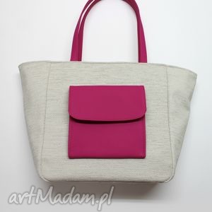 handmade na ramię shopper bag worek - jasny beż i fuksja