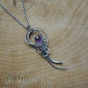 wisiorek z ametystem, stal chirurgiczna, wire wrapping