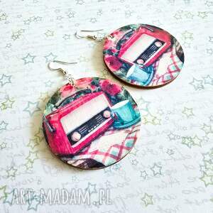 kolczyki wiszące muzyka gra, drewniane lata 60, retro radio