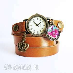 ręcznie zrobione bransoletka, zegarek - amarantowe róże camel