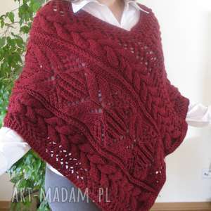 handmade poncho bordowe ponczo ażurowe