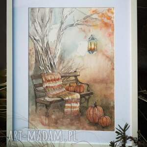 Jesienne Przebudzenie - Nastrojowa akwarela z dyniami i pledem, styl