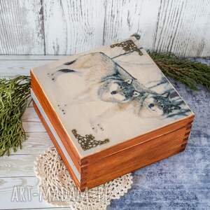 pudełko drewniane - wilki, boże narodzenie, las, motyw leśny