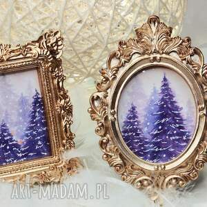 ręcznie malowane mini obrazki świąteczne, choinki fioletowo - złote prezent