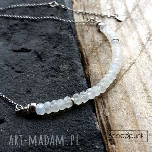 srebro i kamień księżycowy - nowoczesny krótki naszyjnik, biały, organiczny