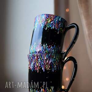 kubki dla pary czarne multikolor ceramiczne 2x300ml, ręcznie malowane, prezent