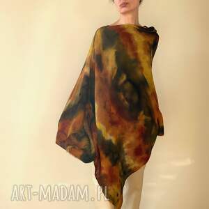 ponczo z wełny merino w brązach żółtym tunika, narzutka, unikat, prezent