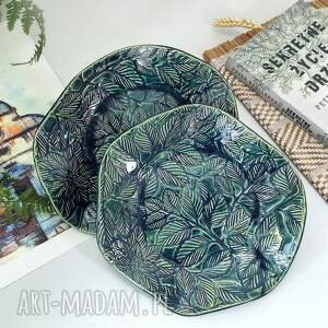 Prezent Ceramiczna misa z motywem liści w kolorze butelkowej zieleni