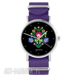 zegarki zegarek - folkowy czarny fioletowy, nylonowy, typ militarny, kwiaty