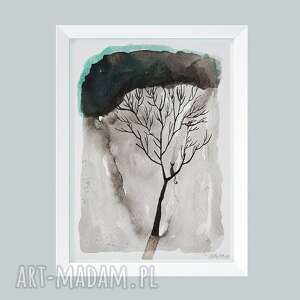 drzewo z kotem - akwarela formatu 12,5/18 cm