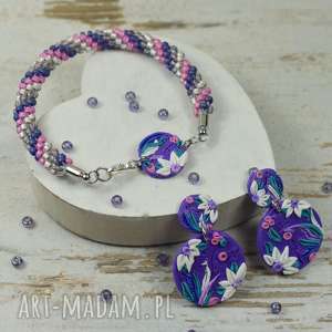 fioletowy komplet biżuterii - bransoletka i kolczyki, kolorowa biżuteria