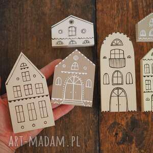 komplet 6 szt - beżowe domki drewniane ręcznie malowane domek zabawki z drewna