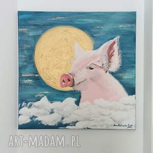 szczęśliwa świnka obraz akrylowy oryginał, słońce, księżyc szczęście