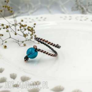 blue glass - pierścionek spiralny z miedzi prezent dla niej, regulowany rozmiar