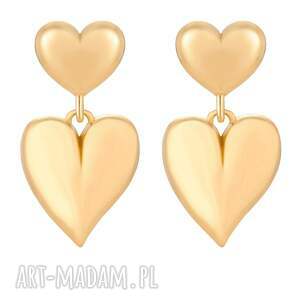 złote kolczyki podwójne serca, sercami, serduszkami, ozdobne