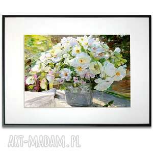 grafika w ramie bukiet białych kwiatów 40x30