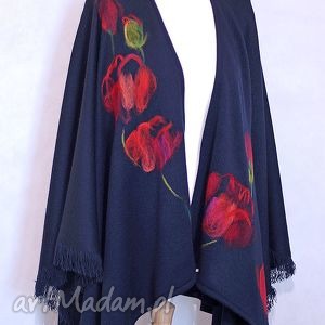 handmade poncho ponczo - chusta granat maki