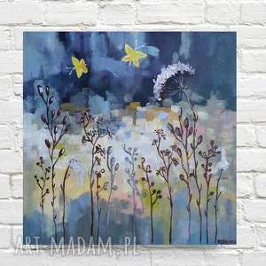 niebieska łąka z żółtymi motylami - obraz akrylowy formatu 30/30cm