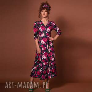 lady - kwiaty i grochy sukienka z falbaną, kolorwa, wyszczuplająca