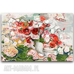 obraz na płótnie maki i pelargonie 90 x 60, stylowe kwiatami, kwiaty