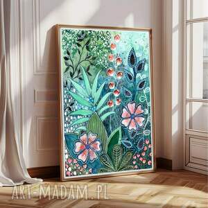 Turkusowe kwiaty 50x70cm, akwarela, łąka, ilustracja, trawy