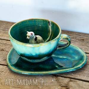 Filiżanka z kotem - leśne jeziorko - rękodzieło - ok 350ml - ceramika na prezent, turkusowy kubek, z figurką