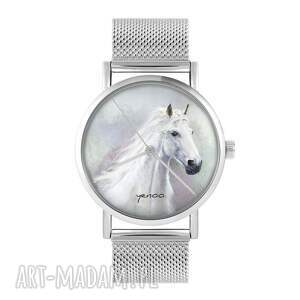 ręcznie zrobione zegarki zegarek - biały koń - bransoleta mesh