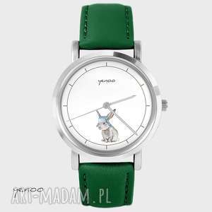 zegarek - zając skórzany, zielony, bransoletka, królik upominek