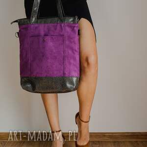handmade na ramię fioletowa torebka z tkaniny zamszowej oraz wężowej ekologicznej