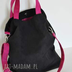 Torba hobo XXL na ramię - czerń i fuksja, wegańska alcantara (A4)