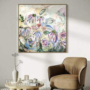unikalny, abstrakcja 80x80 cm, kolorowe kwiaty, obraz kwiaty na płótnie