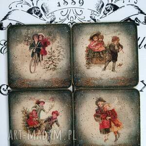 Zielone podkładki decoupage vintage - komplet 4 sztuk