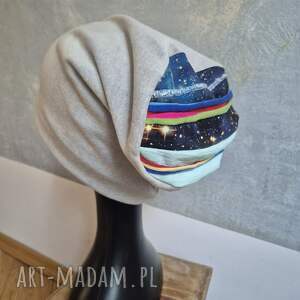 Szara czapka damska z kolorową górą - handmade