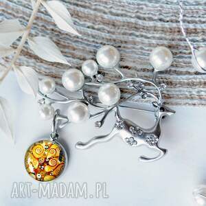 broszka z motywem klimta - renifer perłami, prezent mikołajkowy biżuteria