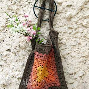 handmade ażurowa torba, na zakupy, brązowo - pomarańczowa